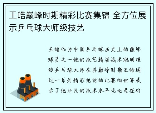王皓巅峰时期精彩比赛集锦 全方位展示乒乓球大师级技艺