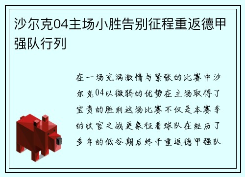 沙尔克04主场小胜告别征程重返德甲强队行列