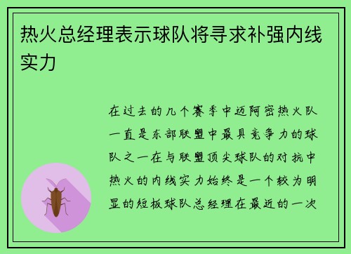 热火总经理表示球队将寻求补强内线实力