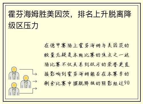 霍芬海姆胜美因茨，排名上升脱离降级区压力